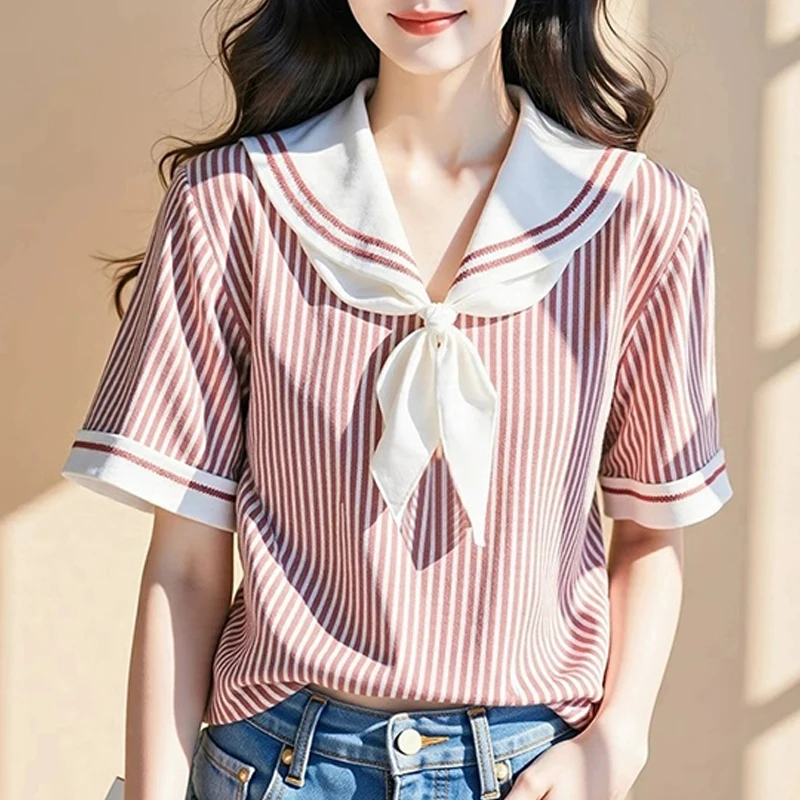 

Chiffon Stripes Women's Blouses Korean Shirts FASHION Loose Summer Casual Clothing Bow Long Sleeve Women Tops