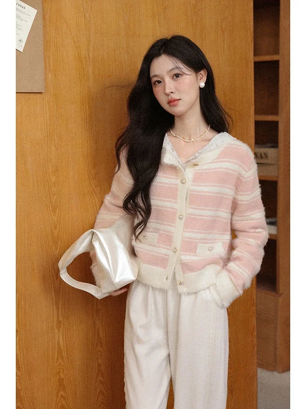 

Pink Striped round Neck Knit Sweater Lazy Style Women's Top Soft Loose Fit Long Sleeve Cardigan Autumn Fashion Casual Wear