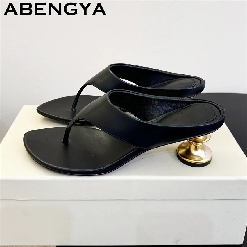 

Fashion Trend Flip Flops Slippers for Women Quality Real Leather Round Toe Strange Heels Slippers Summer Dress Party Shoes Mujer