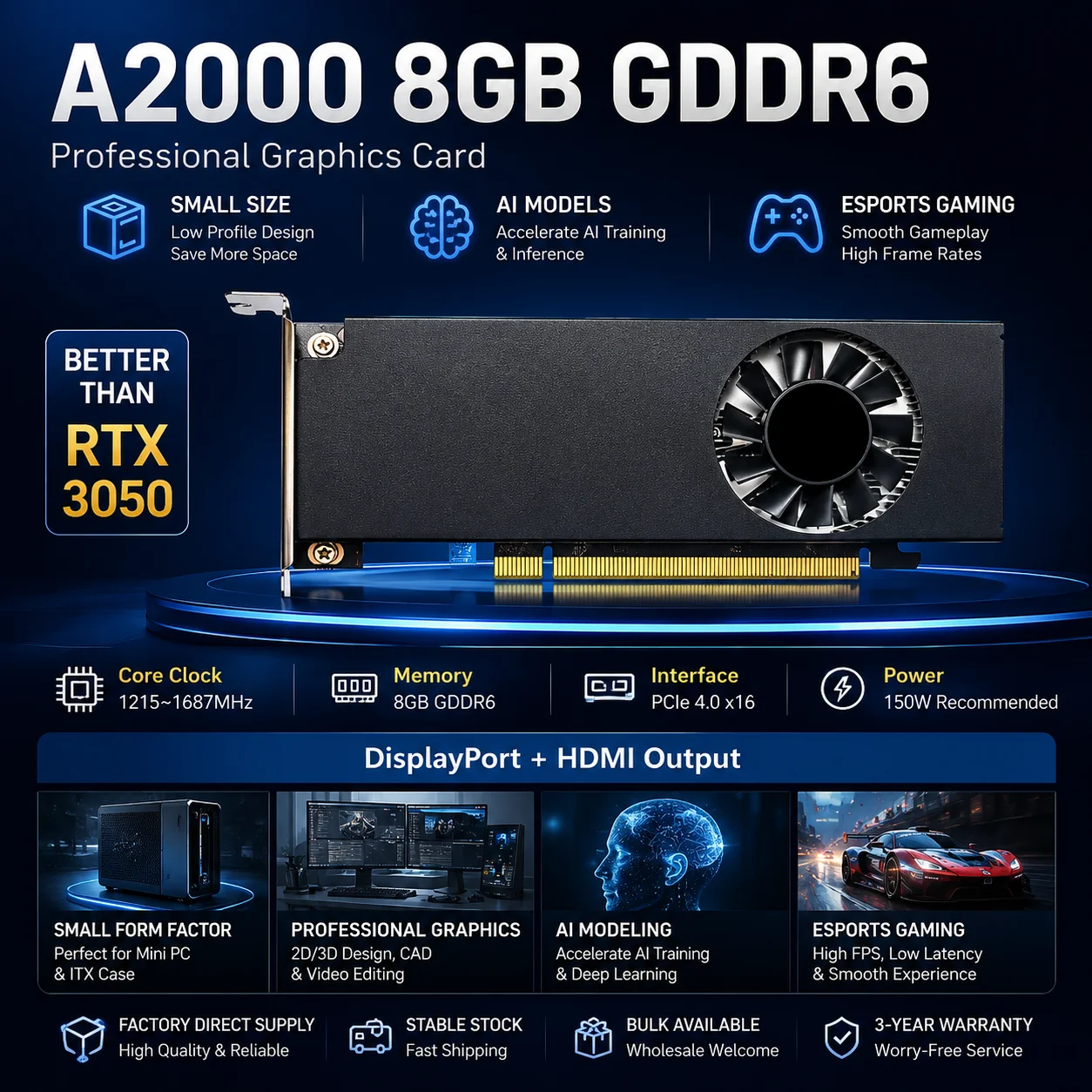 Video Editing  RTX A2000 8GB GDDR6 GPU PCIe 4.0 Low  Profile Graphics Card 4 Display 8K CAD AI Rendering