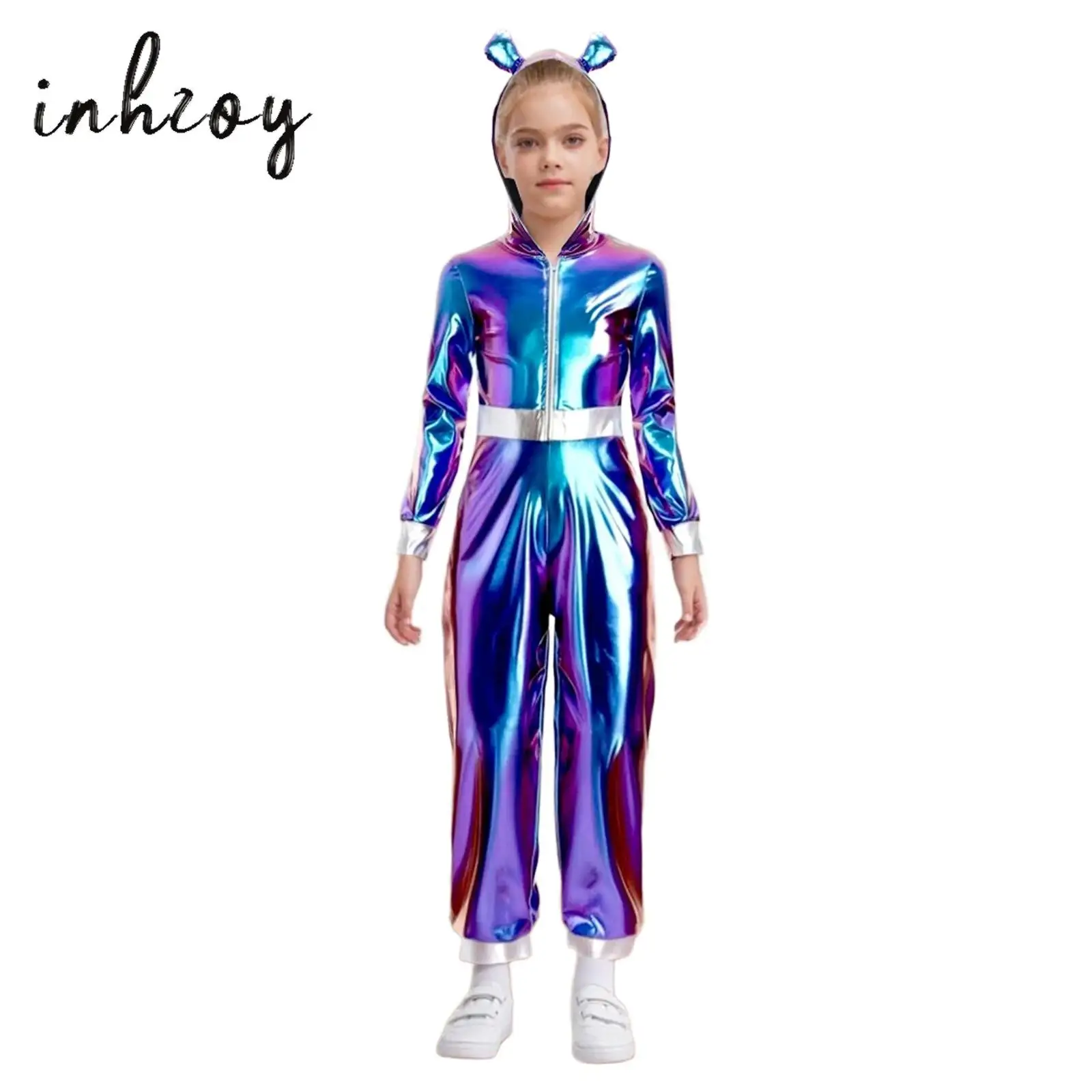 

Girls Halloween Astronaut Alien Cosplay Costume Long Sleeves Shiny Metallic Zipper Jumpsuit Athletic Role-play Rompers Bodysuit