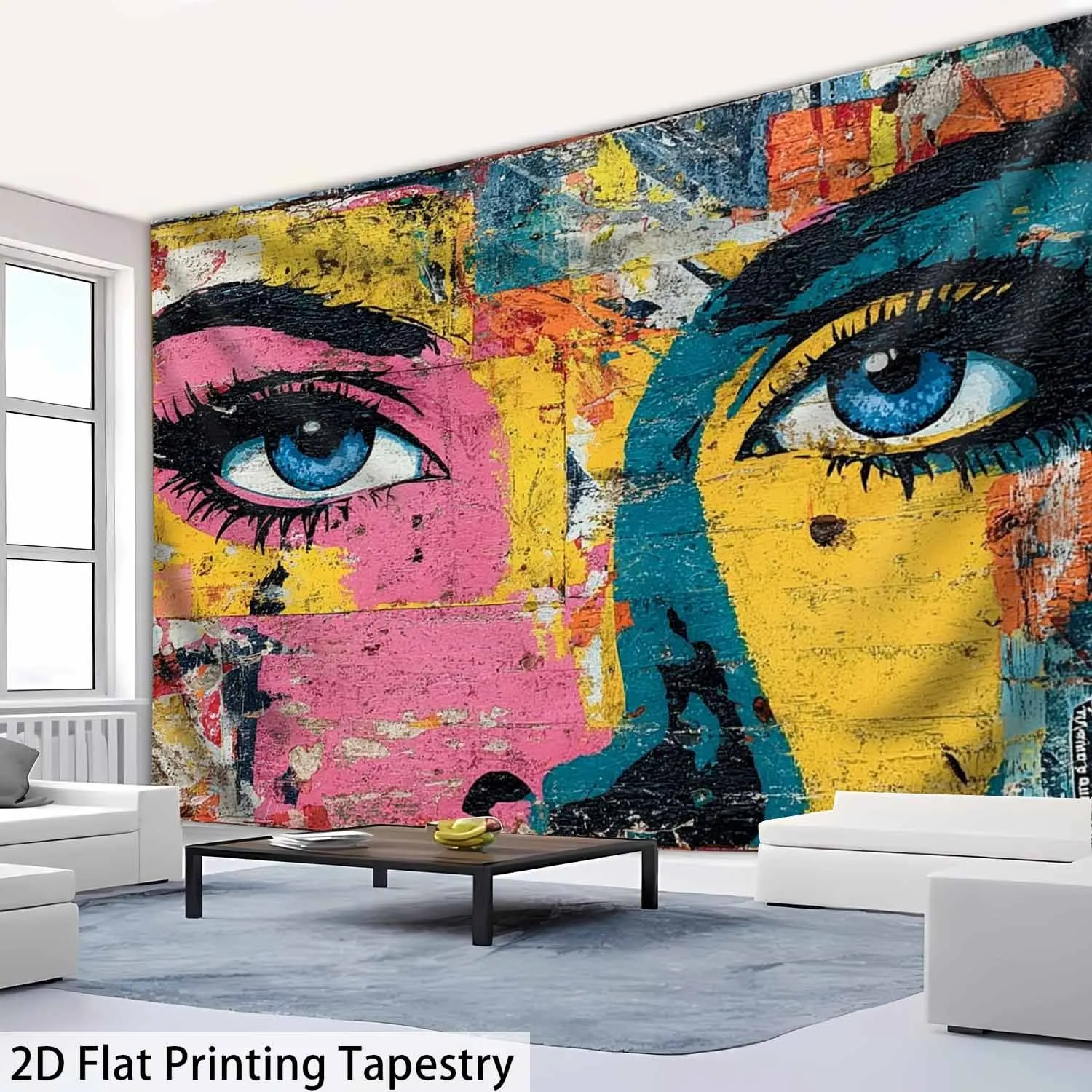 Vintage Pop Art Tapestry Woman Blue Eyes Bright Graffiti Texture Wall Hanging, Colorful Portrait Tapestry Dorm Home Decor