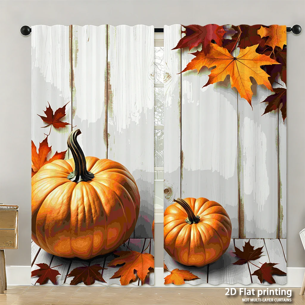 2-piece set of high-definition digital printed curtainsautumnpumpkinsonwhitewoodbackgroundwithmapleleavesHome decoration style