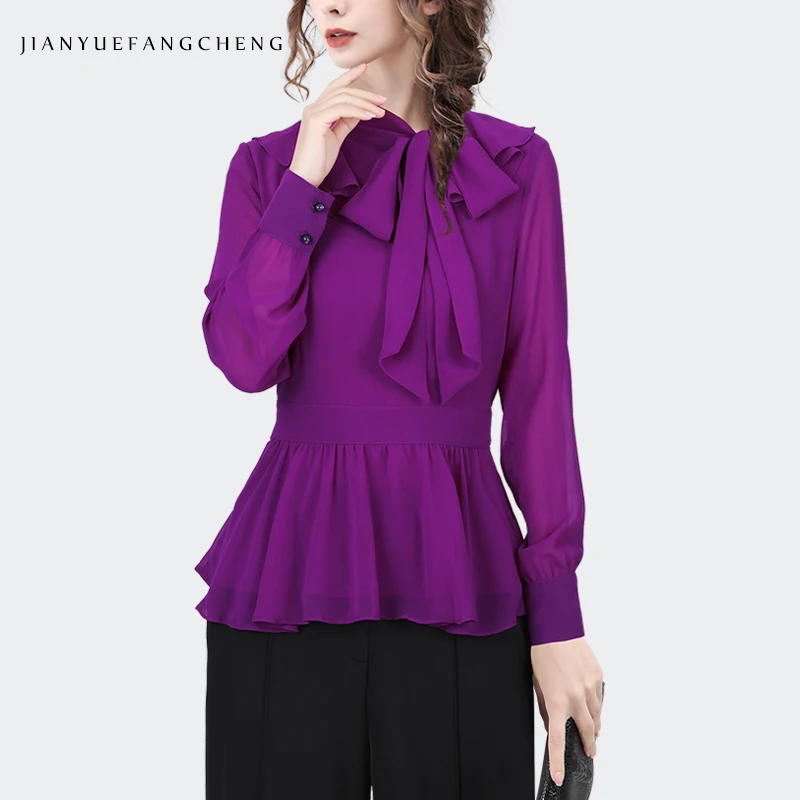 Camicetta in Chiffon viola con colletto a fiocco carino donna 2024 primavera estate top eleganti camicette a vita bassa Chic a maniche lunghe Slim