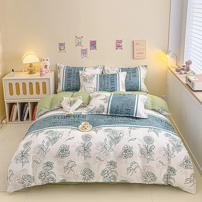 Classic Pastoral Floral Theme Design Duvet Cover Solid Color Simple Lines Flower and Letter Print Bedding Home Hotel Decoration