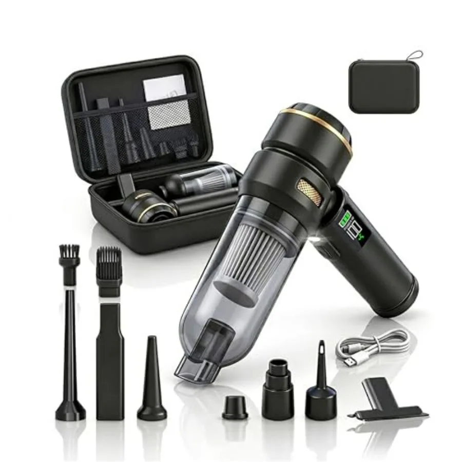 

Портативный автомобильный пылесос 17000 Па, беспроводной, высокомощный, 4-в-1, мини-воздуходувка с LED-подсветкой и многофункциональными насадками