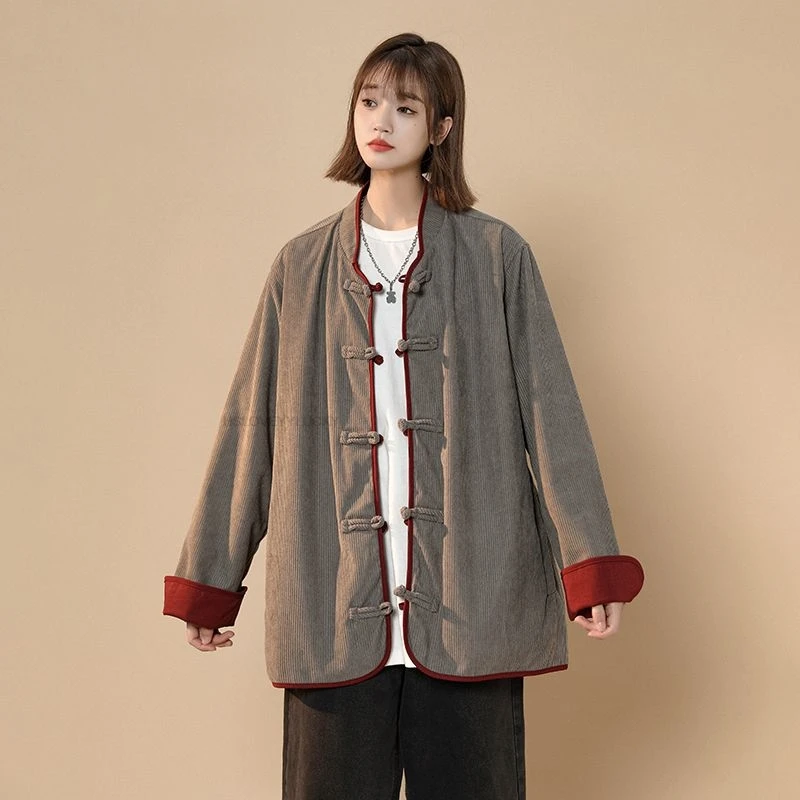 Chinese Style Disk Buckle Tang Suit Retro Standing Collar Zhongshan Suit Women Vintage Tangsuits Long Sleeve Coat