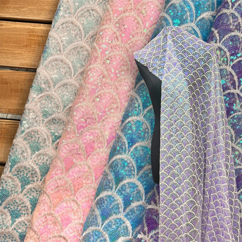 1 Yard Laser Mermaid Scales Sequin Embroidery Mesh Fabric Creative Dress Stage Performance Costume Diy Fashion Designer Fabric