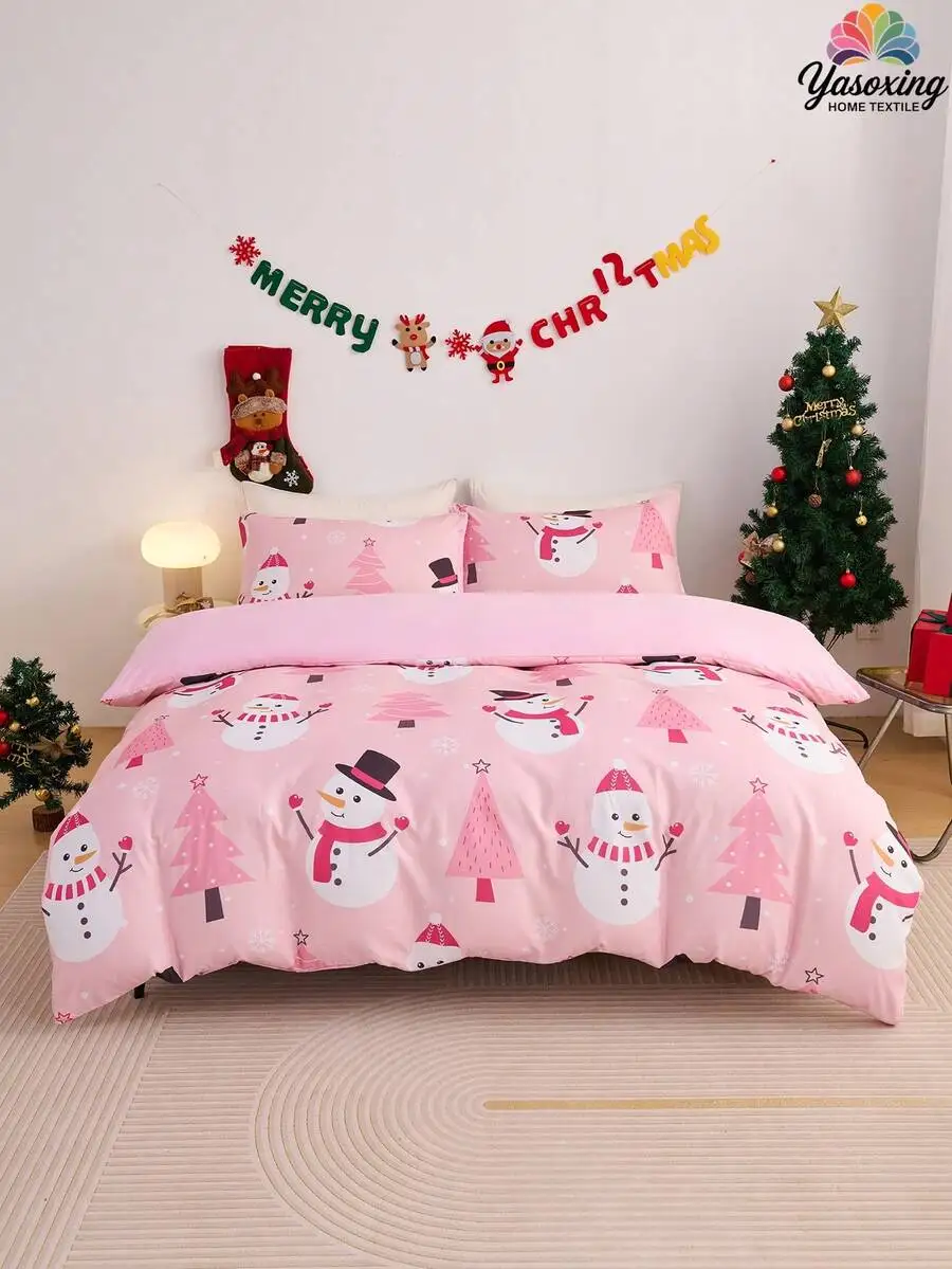 Pink Christmas Snowflake Gift  Snowman Christmas tree Pattern Reversible Color Duvet Cover Bedding Set Soft for girls gift decor
