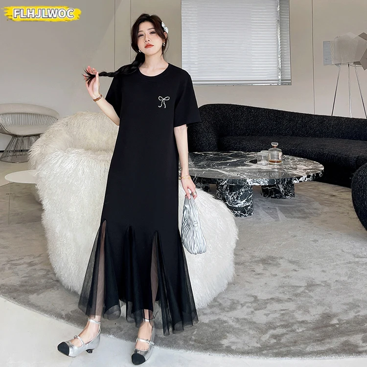 Vestidos de sereia femininos estilo europeu feminino 2025 verão retalhos rendas malha babados preto mistura algodão camiseta vestido