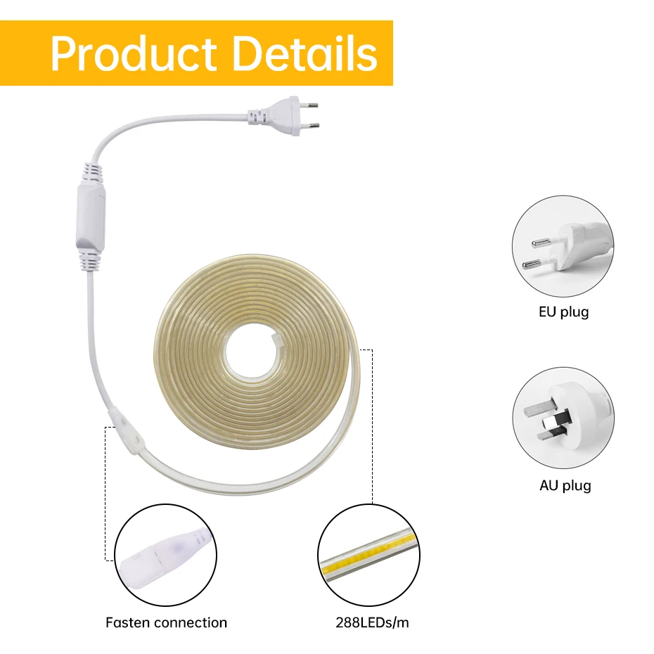 الاتحاد الأوروبي الاتحاد الأفريقي 220 فولت COB Led قطاع ضوء النيون 5 متر 15 متر 20 متر 30 متر 50 متر 288 المصابيح/م شريط مقاوم للماء Led الشريط غرفة المنزل المطبخ حديقة الإضاءة