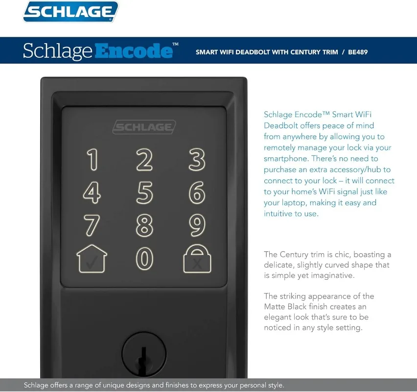 Imagem -02 - Schlage-deadbolt Wi-fi Inteligente com Guarnição do Século Codificar Inteligente Preto Fosco