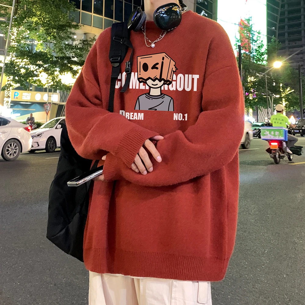 

Loose Fit Men's Knitted Sweater round Ne Cartoon Print Wine Red Casual Spring Autumn Sle Comfortable Breathable Knitwear