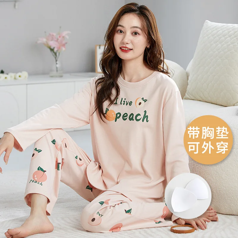 

Korean Fashion Cotton Sleeping Top with Bra Padded Pajamas Set for Women Plus Size 3XL Homewear Female Young Girl Nightwear