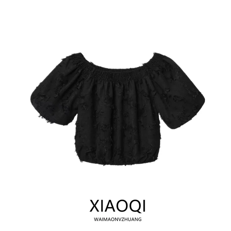 Loose Women's irt Spring 2025 New Elastic Collar Frayed Bubble Sve Top Faion European Sle ort Sve Casual Wear