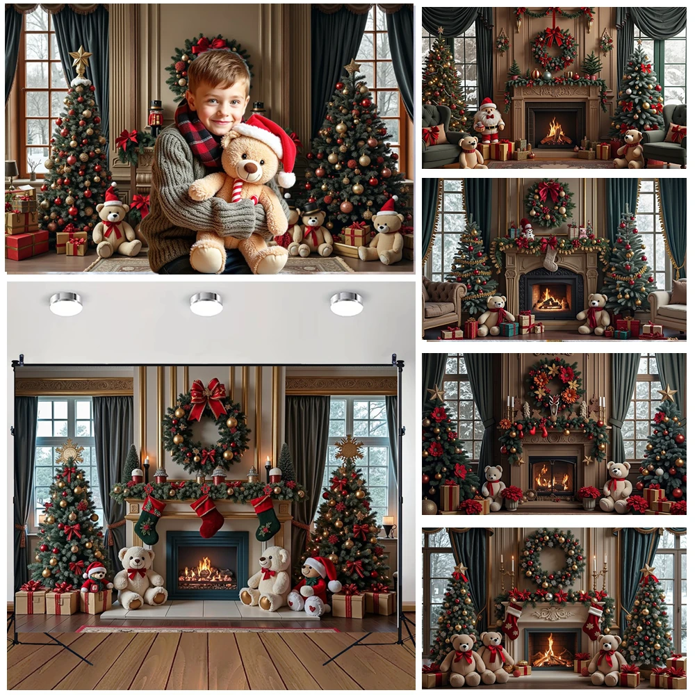 

MOON.QG Photo Background Fireplace Christmas Big Trees Teddy Bear Backdrops For Photography Party Supplies Shooting Photobooth