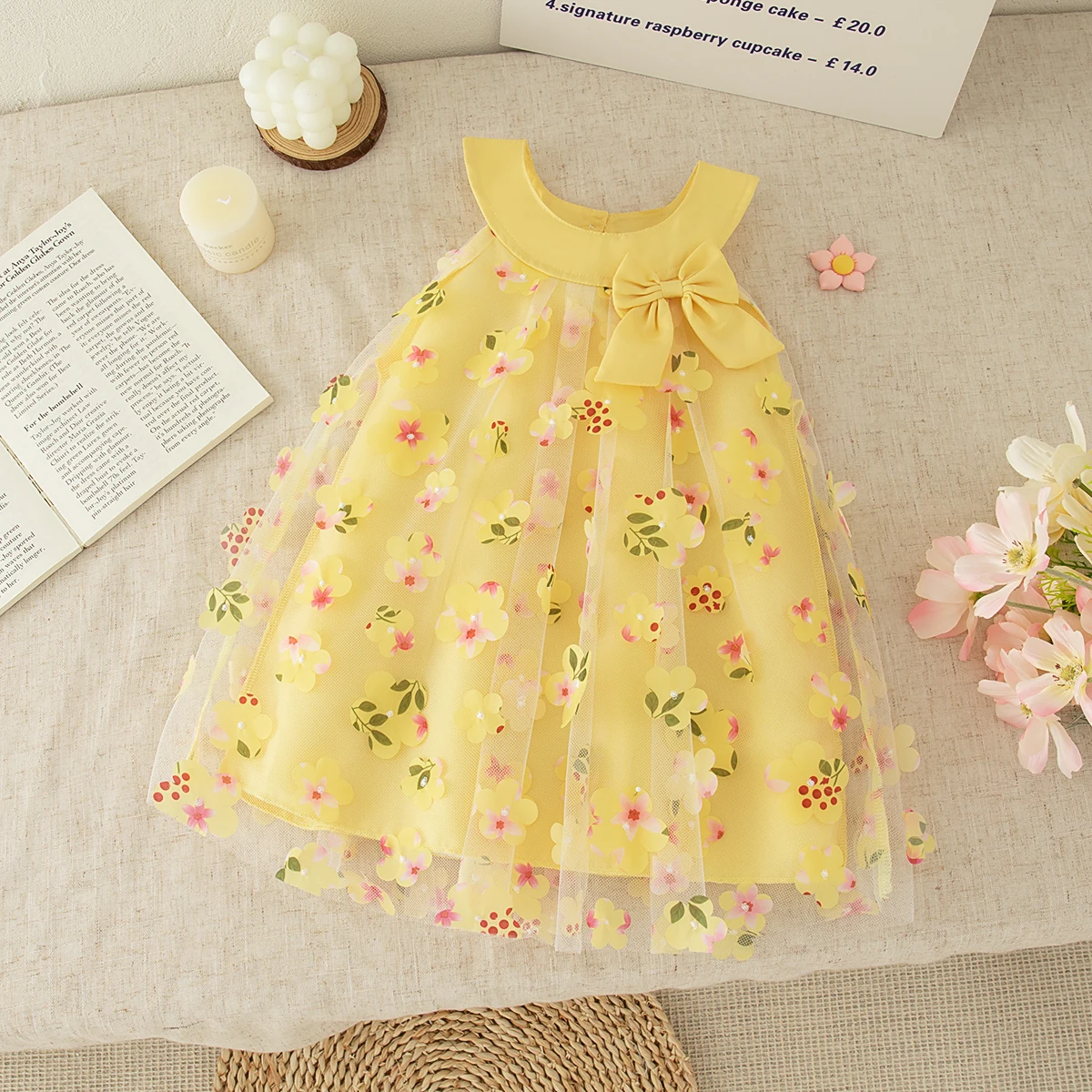 طفلة فستان الصيف زهرة القوس أكمام فتاة فستان لطيف شبكة فتاة فستان الأميرة ملابس الطفل فتاة ﻿