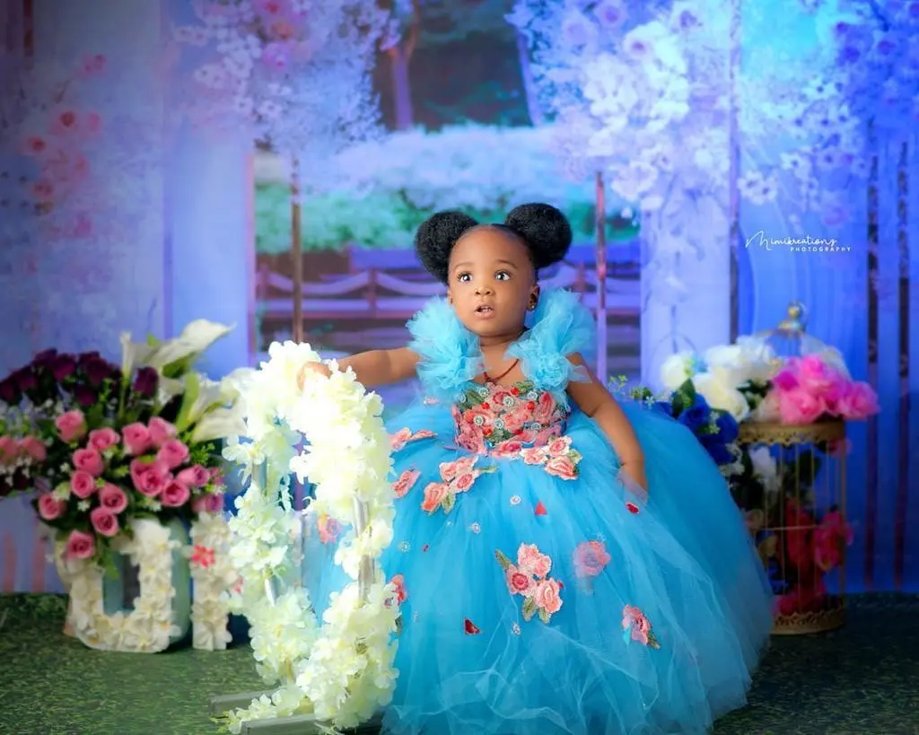 Blaue Blumenmädchenkleider für die Hochzeit, individuelles Ballkleid mit Blumenmuster, für Kinder, Party, Mädchen, Festzug, Geburtstag, Erstkommunionkleid