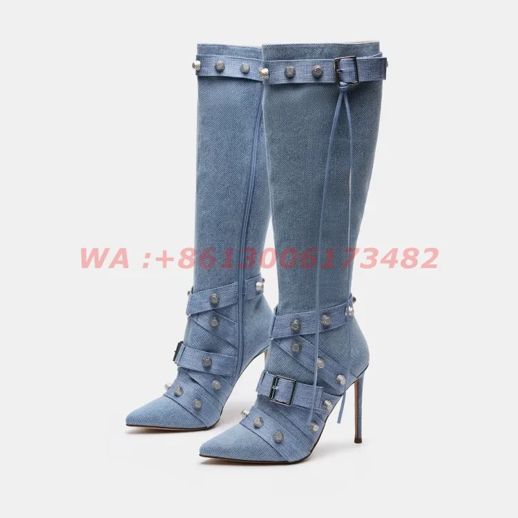 plus Size High Heel Pointed Toe Boots with Belt Buckle Rivets Design Women's Knee High Shoes Fashionable And Stylish