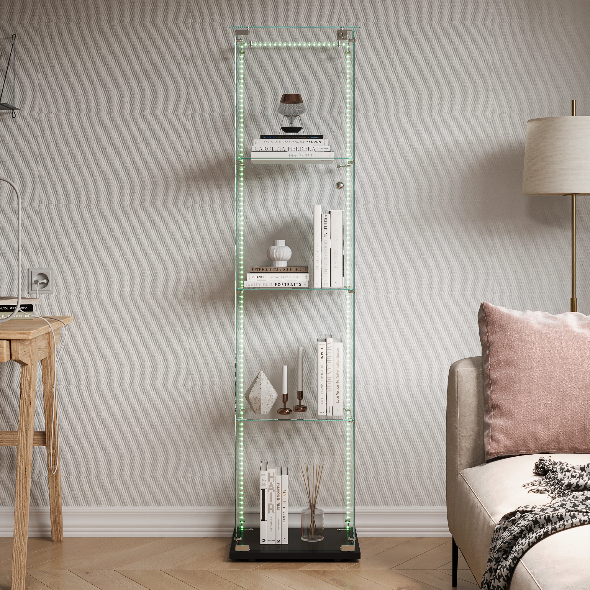 Anajqaqia 163×78.5×35cm 1-deurs en 4-laags glazen vitrinekast, met 2 deuren en slot, LED-verlichting, glazen presentatiekast, wit