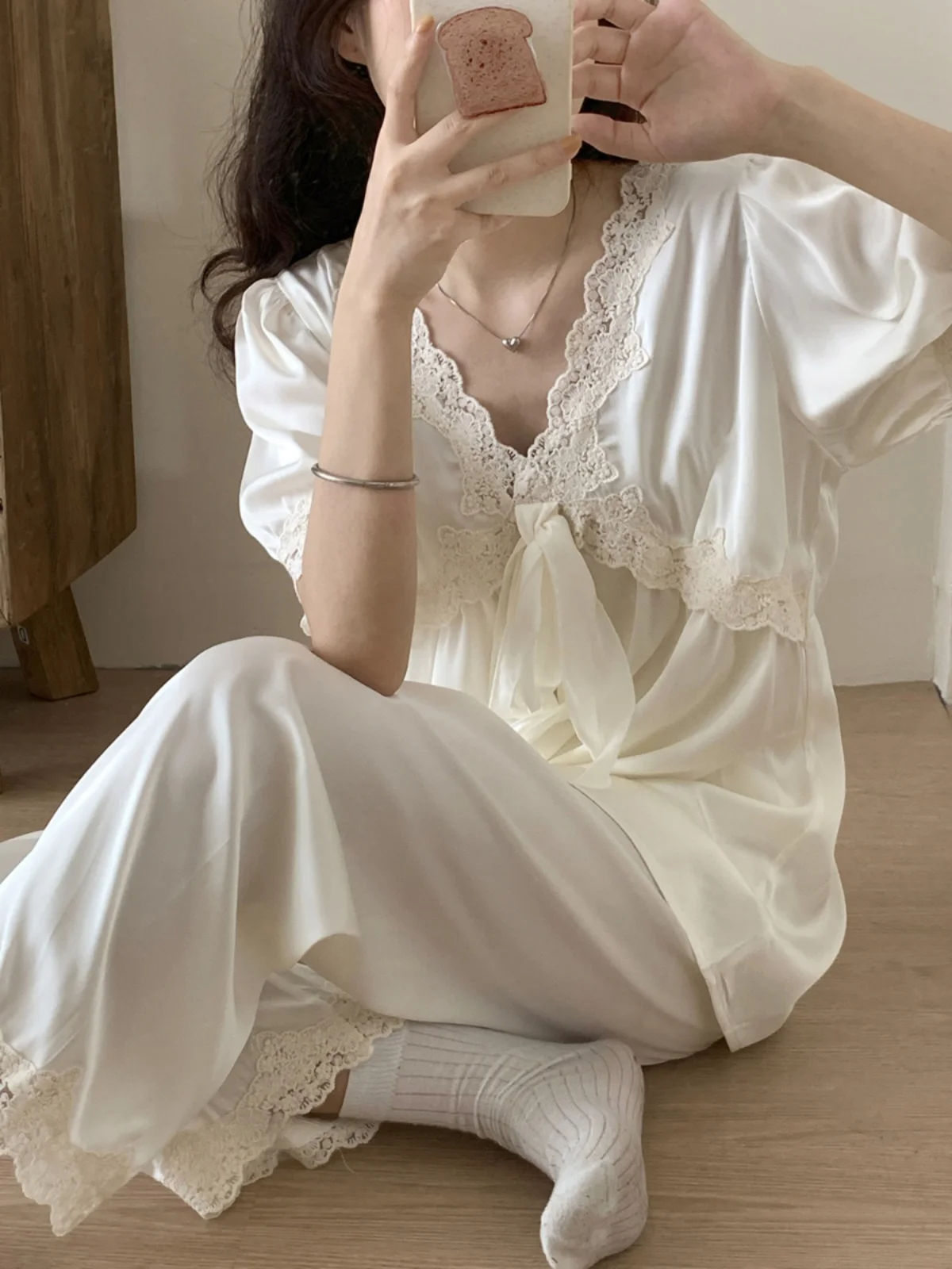 French Lace Trim Bow Ice Silk Short Sleeve Pajamas for Women Sweet Princess Cool Comfortable Casual Loose Japanese Ins Home Wear