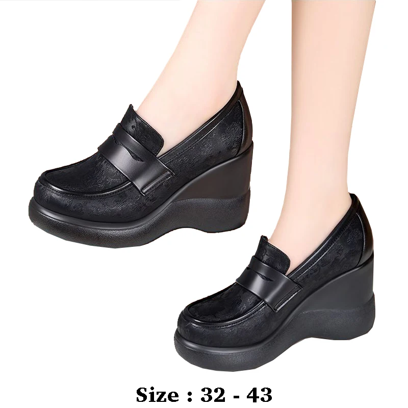 

high quality print leather wedge shoe for women 9cm high heel round toe new 2025 32 33 43 elegant autumn winter shoe black
