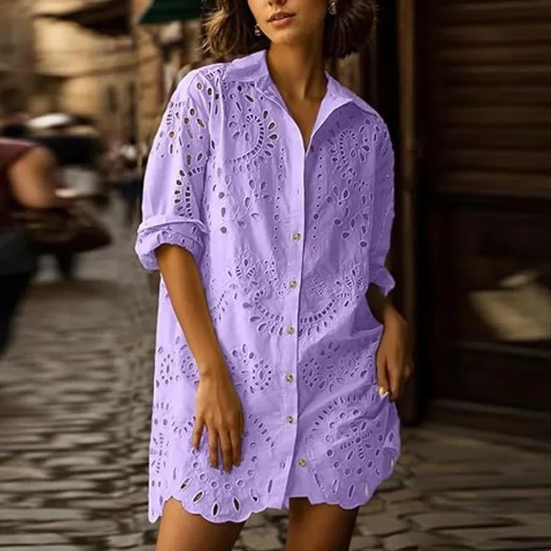 Summer Autumn Loose Hollow Out Shirts Solid Color Long Sleeve Commute Elegant Turn-down Collar Single Breasted Cardigans Blouses