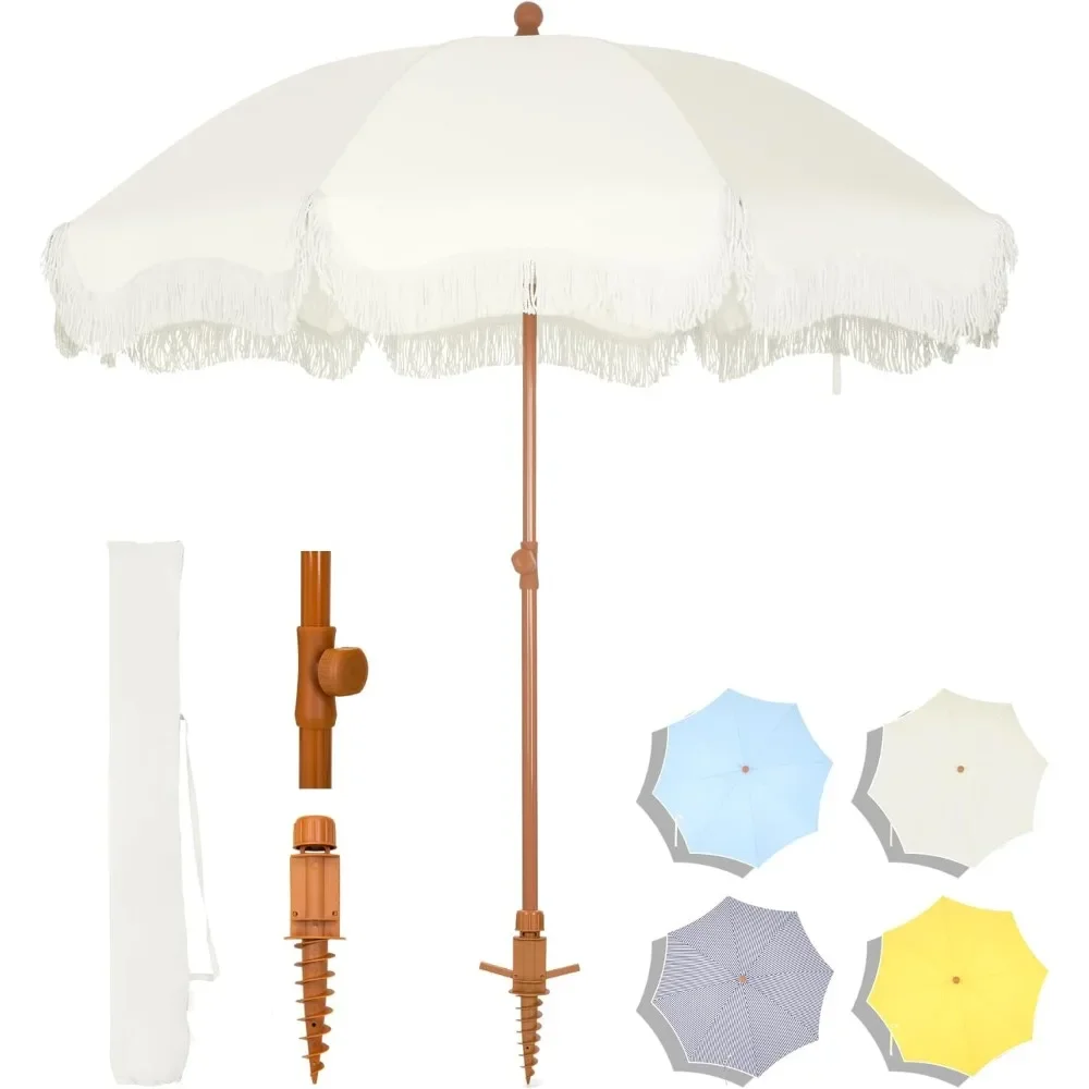

7ft Patio Beach Umbrella with Fringe, Tassel Umbrellas with Sand Anchor & Tilt Button, Holiday Outdoor Umbrella with Carry Bag
