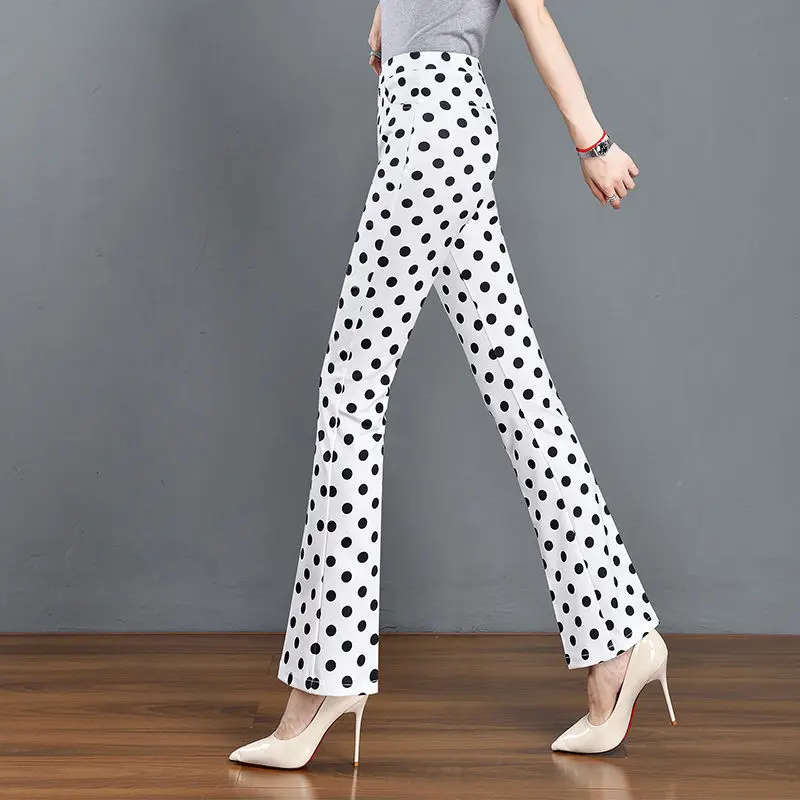 Japanese Style Sweet Summer Pants New Women Elastic High Waist White Polka Dot Pockets Fashion Office Lady Slim Flare Trousers