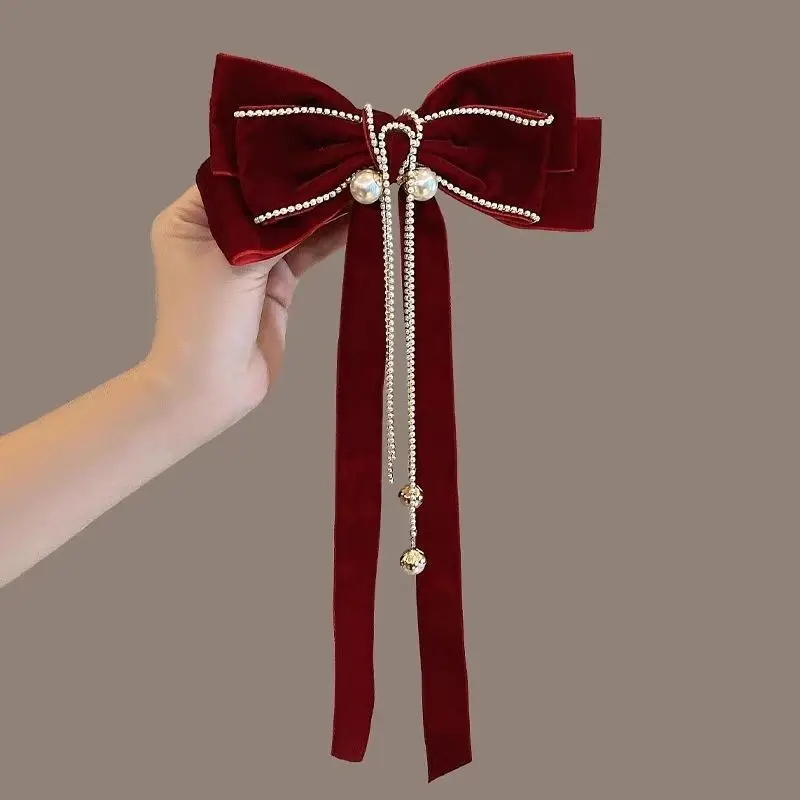 Women Luxury Red Hair Clip Cute Hair Clips Accessories Girls Bow Clip Ribbon Ties Headwear Pearl Tassel Hair Clip Accessories