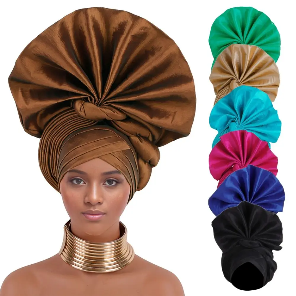 

Adjustable Turban Cap New Polyester Nigeria Raw Silk Party Head Wraps African Hat