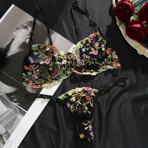 Floral Embroidery Lace Bras Set Women Sheer 2 Piece sexxy Bra Panties Lingerie Fashion Underwear Set Intimates