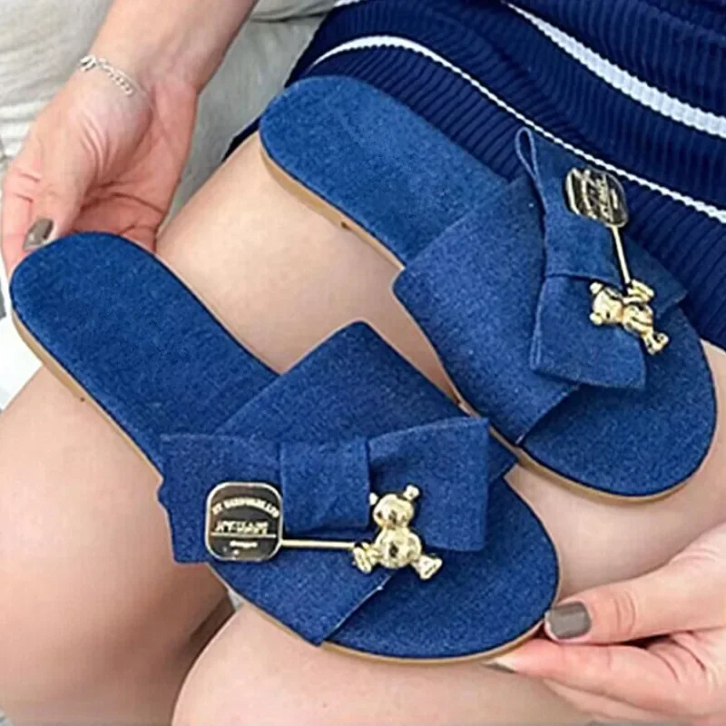 Large Size Flat Denim Sandals Summer New Bear Metal Buckle Bow Anti-slip Wear-resistant Lightweight Flip-flops