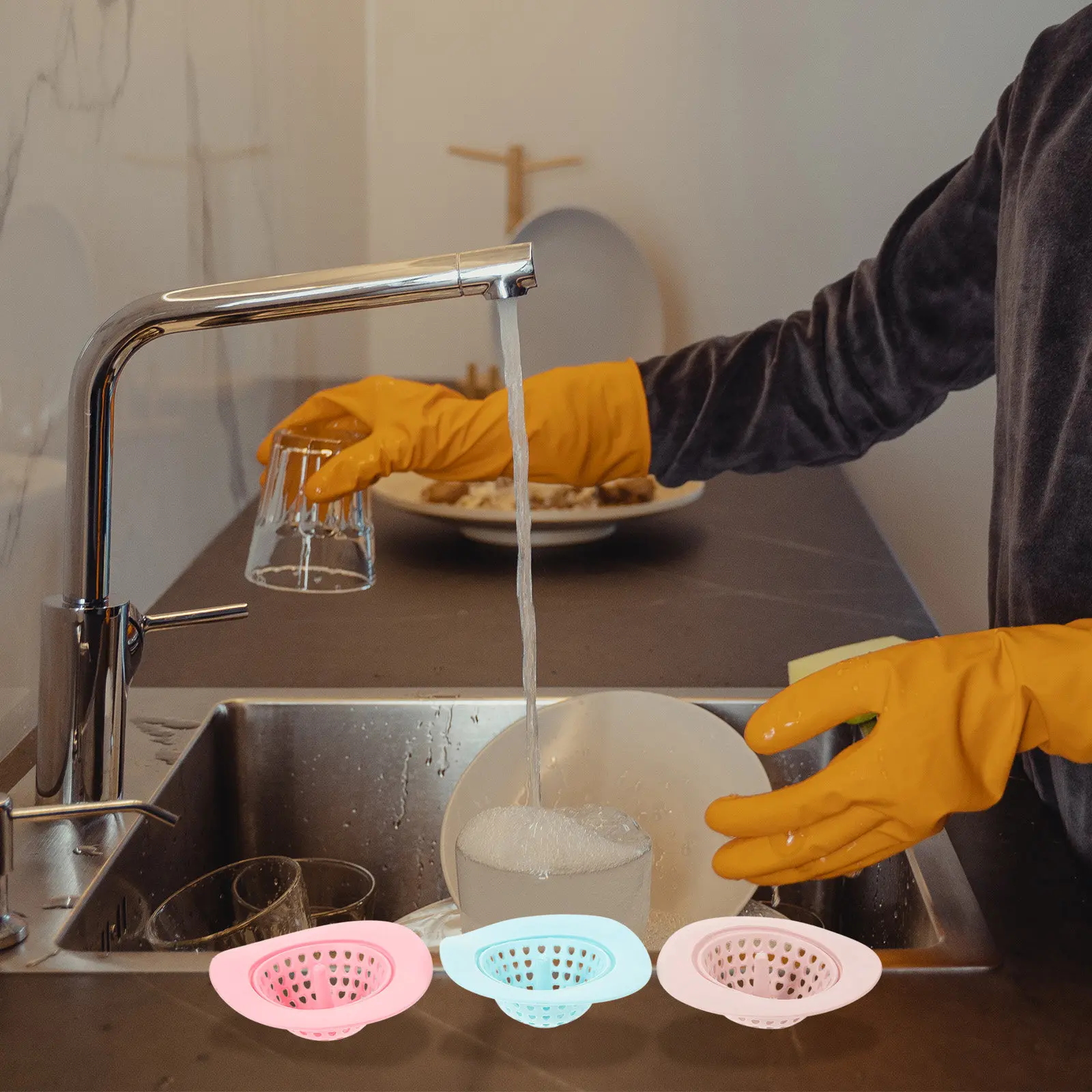 6Pcs Premium Silicone Drain Guard Strainer Filter Net Blocks Food Debris Lets Water Flow Freely Fits All Sinks Bathrooms Garages