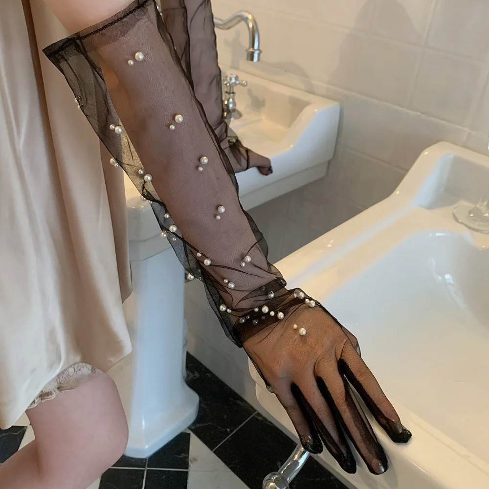Korean Style Women Sheer Tulle Pearl Long Gloves Stretch Mesh Opera Gloves Vintage Prom Banquet Photoshoot Costume Decor Gloves