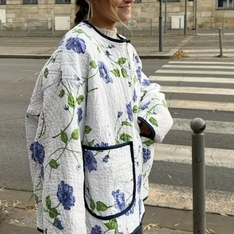 

Fashion Women Round Neck Jacket Floral/Striped Lightweight Quilted Long Sleeve Outwear Classic Loose Fitted Zip Women's Clothing