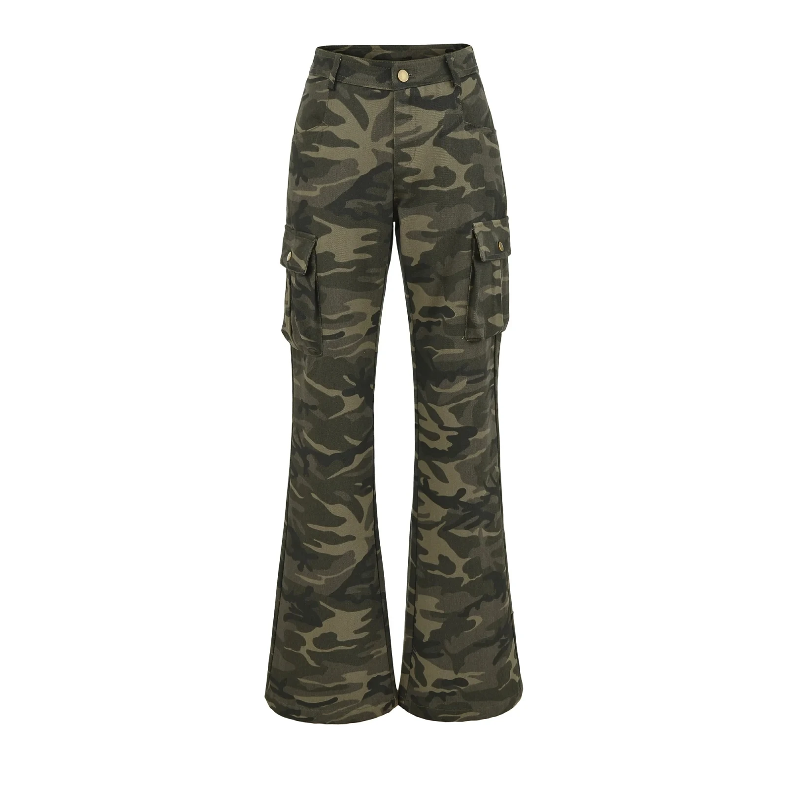 American Retro Camouflage Work Pants Women's Autumn Casual Straight Leggings Micro Flared Long Trousers with Big Pockets