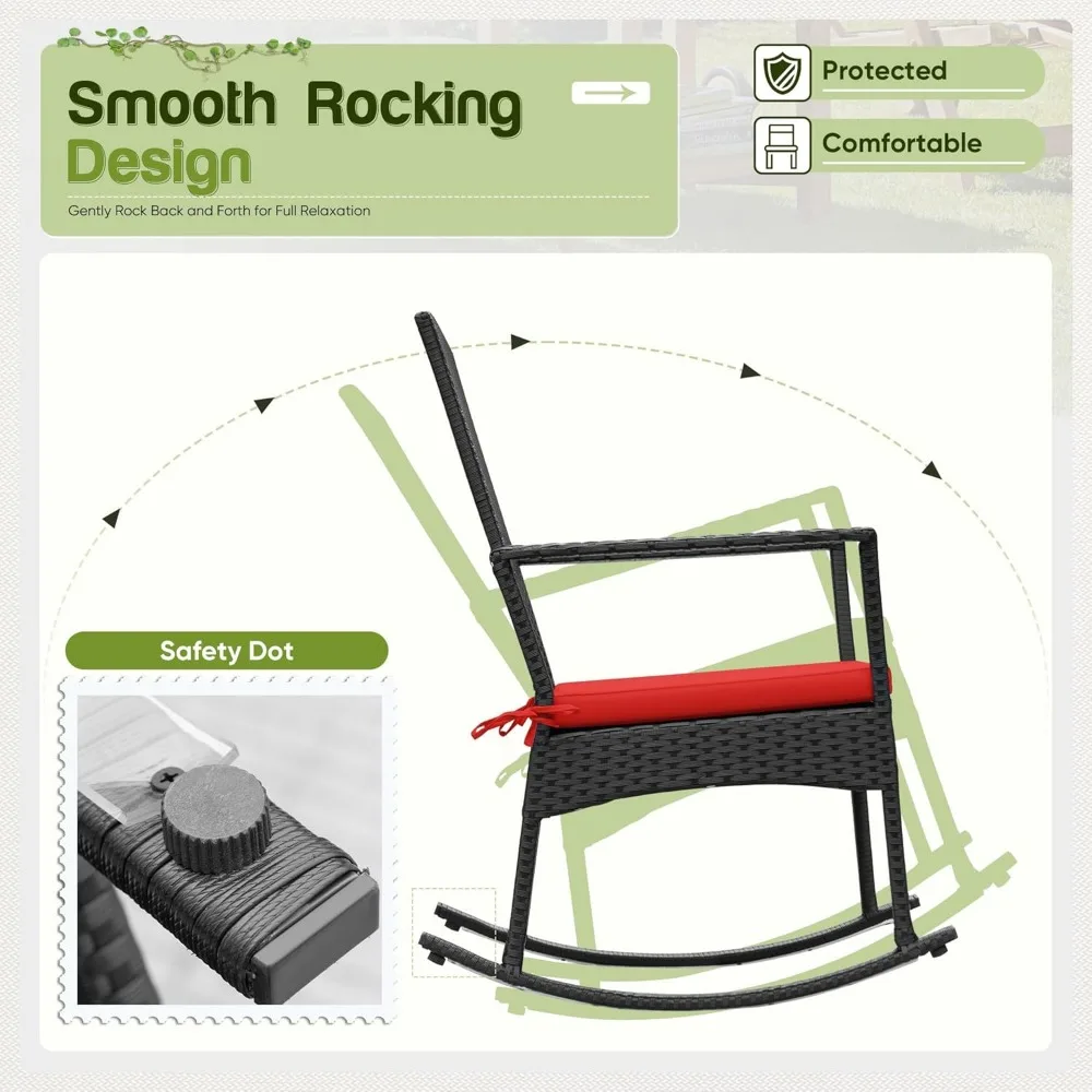 Outdoor PE Rattan Rocking Chair with Glass Table, High Back Porch Rocker for Balcony, Garden, Backyard - Red