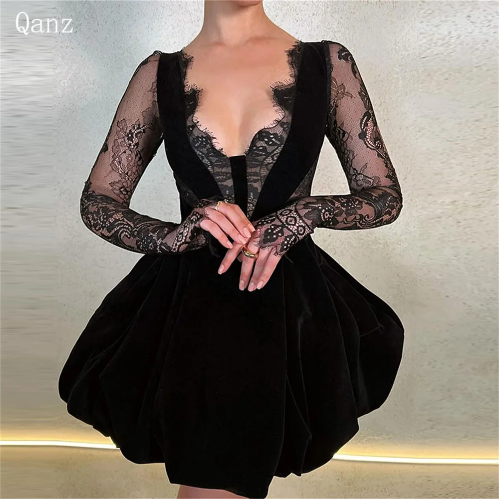 

Qanz Arabia Black Party Dress Short Velour Lace Long Sleeves V Neck Sexy Homecoming Dresses Elegant Illusion Vestido Gala 2024