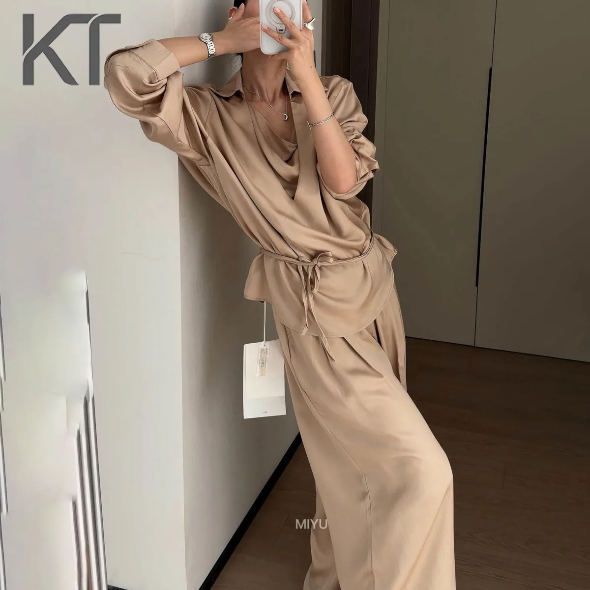 

KT Women's Satin Shirt Dress Elegant V Neck Tie Waist Midi Dress Modest Solid Color Dresses For Women Kuwait Spring Summer 2026