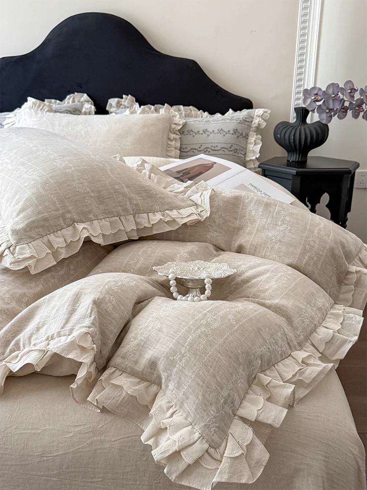 Soft Cotton Linen Romantic Lace Bedding Set Breathable Pure Cotton Bed Sheet Quilt Cover Pillowcase Bedding Accessories