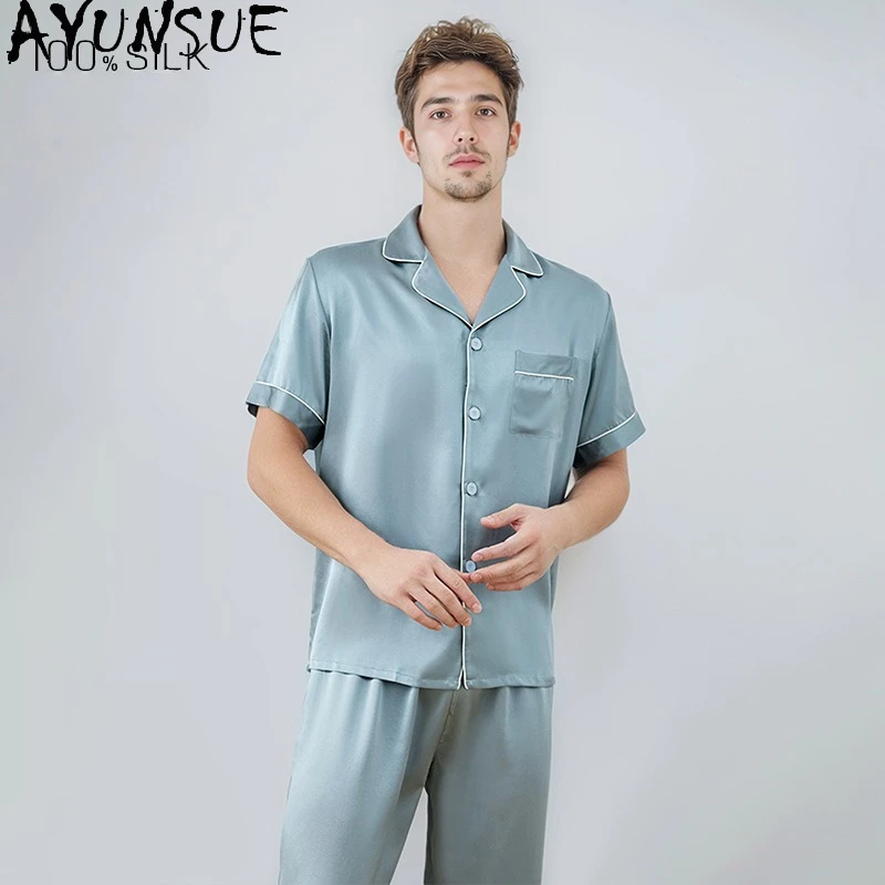 

AYUNSUE 100% Natural Mulberry Silk Pajama Sets 19mm Silk Sleepwear Men Home Clothes Spring Summer Shirt Pants Мужская Пижама