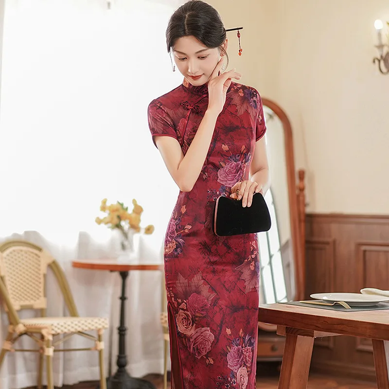 

2023 Summer New Long Cheongsam Satin Welcome Dress Self-cultivation Fashion Banquet Chinese Style Evening Dress Qipao for Women