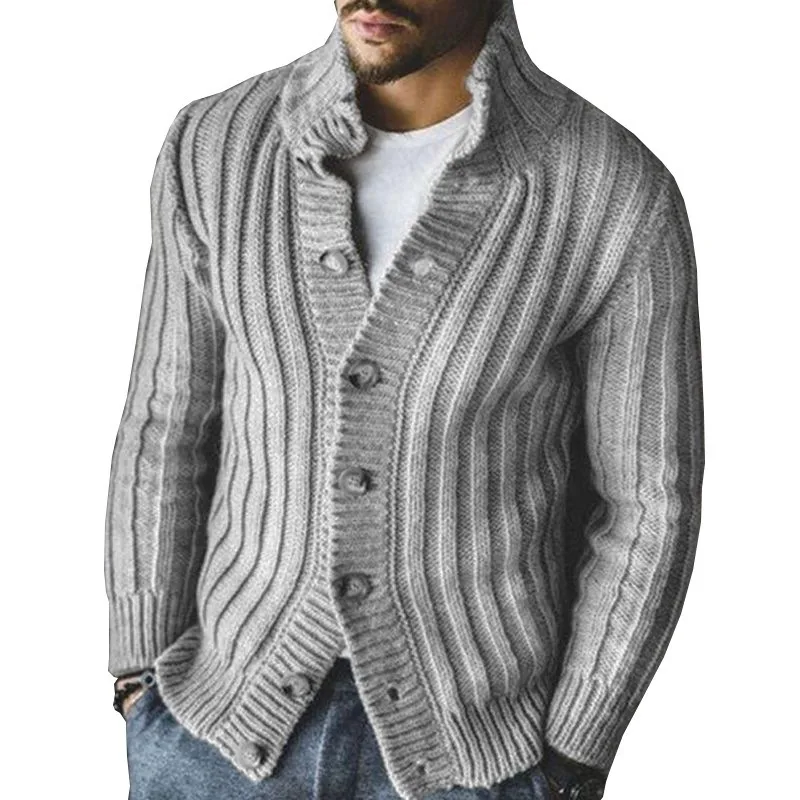 Men's Single-breasted Knitted Sweater Lapel Long-sleeved Sweater Jacket Men's European, American Foreign Trade New Casual