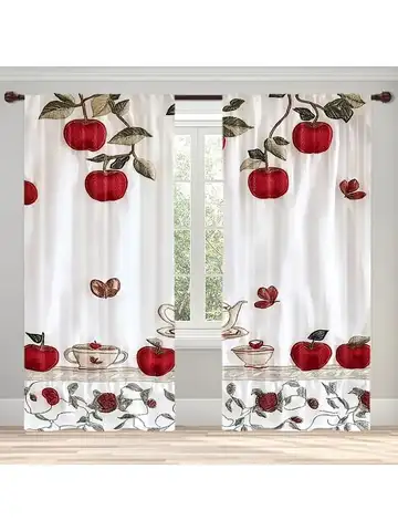 2 pieces - Apple pattern - pole bag curtains, bedroom, living room and kitchen decoration, home decoration, window decoration
