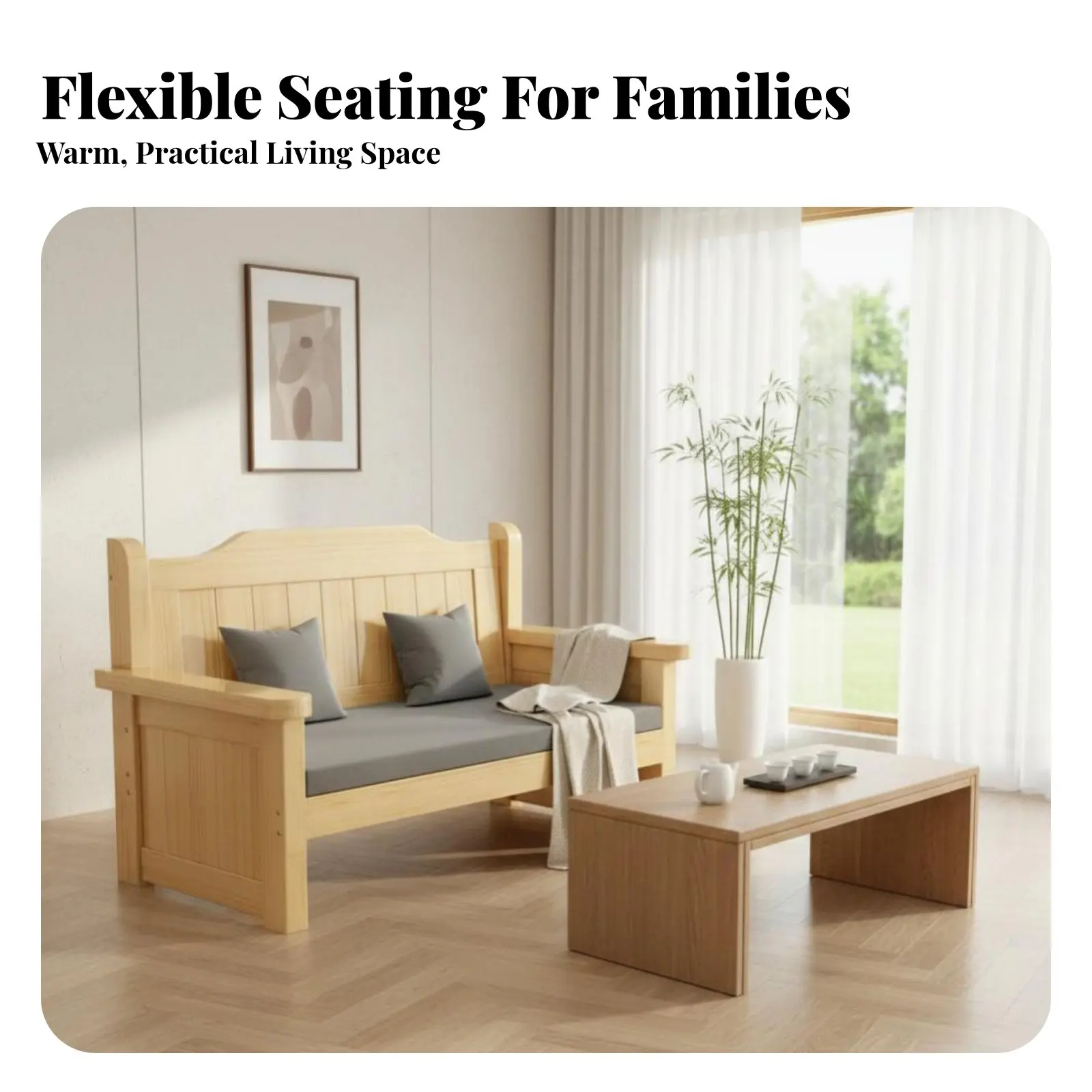 Slatted Frame Sofa Set Minimalist Design Living Room Furniture All-Season Use Thick Seat Cushions for Families, Office Managers