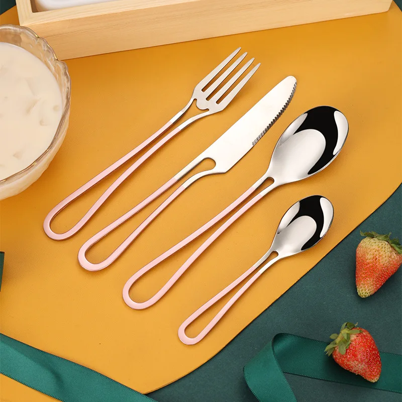 Jaswehome 4Pcs Hollow Handle Flatware Modern Cutlery Knife Fork Spoon Camping Daily Use Outdoor Stainless Steel Cutlery Set