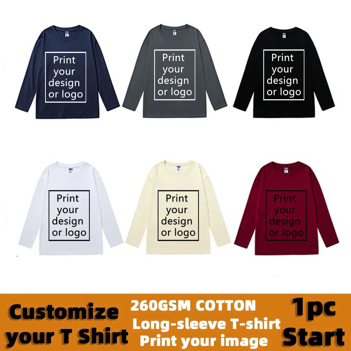 

Customized Logo 260GSM Heavyweight Cotton Mens T-shirts High Quality Male Loose Casual Long Sleeve T-shirts Clothing Custom DIY