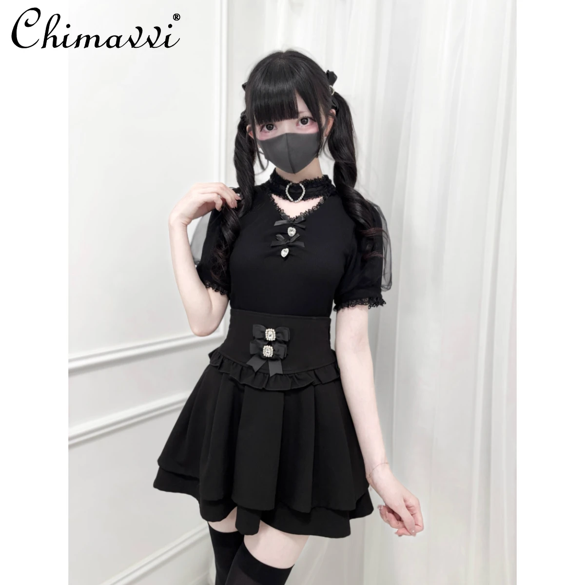 New Japanese Sweet Rhinestone Heart Collar V-Neck Knitted Short Sleeve T-Shirt Summer Mass-Produced Cute Bowknot Slim Lolita Top