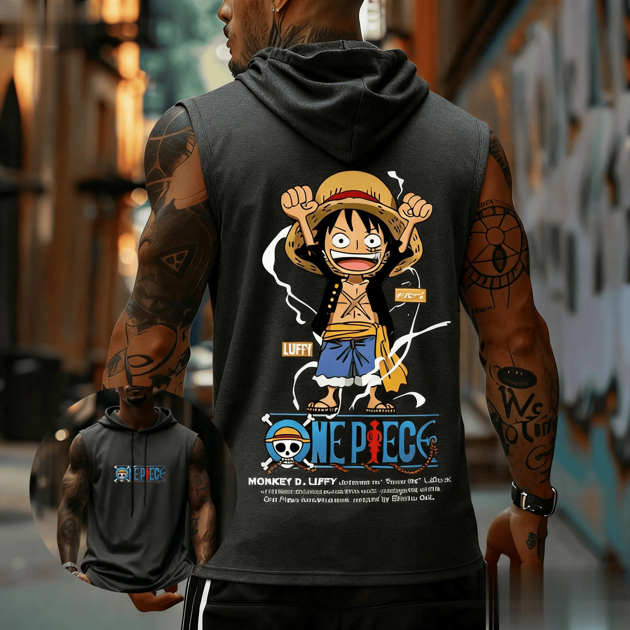

Цельный Луффи аниме, мужская майка без рукавов, жилет с капюшоном, уличная одежда, летняя рубашка с мышцами, повседневная одежда с графическим принтом для спортзала и фитнеса